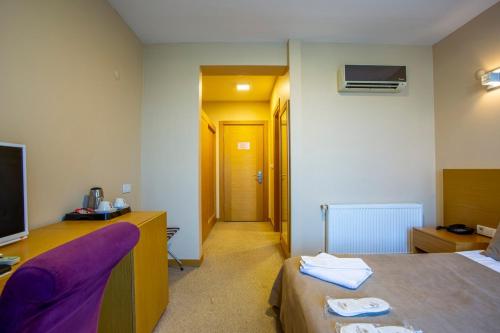 a room with a bed and a desk and a television at Olive Garden Hotel in İznik