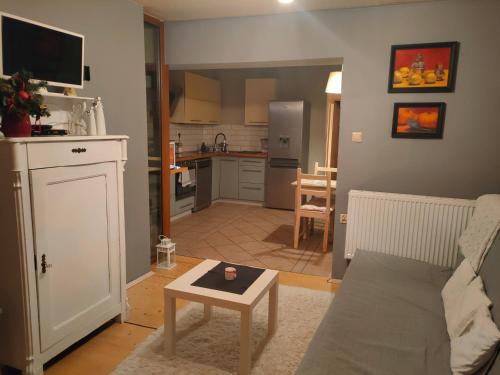 uma sala de estar com um sofá e uma mesa em Marlove Apartment Wrocław em Breslávia