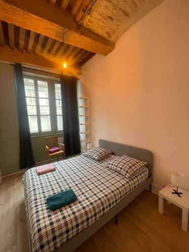 une chambre avec un lit dans une pièce avec une fenêtre dans l'établissement Elégant 2 chambres vieille ville, à Besançon