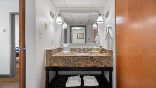 a bathroom with a sink and a mirror at 315 LoSo Hotel Airport in Charlotte