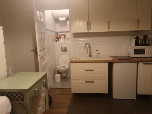 a small kitchen with a sink and a toilet at Mini Flat Paris Neuilly La Défense in Neuilly-sur-Seine