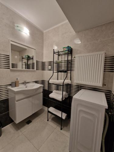 a bathroom with a sink and a toilet and a shelf at Teo Airport Residences in Otopeni