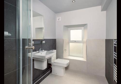 a bathroom with a sink and a toilet and a window at Keswick Lake Road Apartments in Keswick