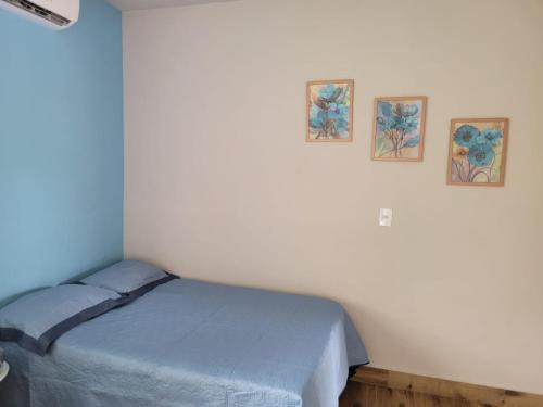 奧蘭布拉的住宿－POUSADA Chacara ENTRE NÓS，卧室配有一张床,墙上有三幅照片