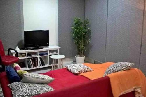 a living room with a bed and a tv at Alojamiento en casa de montaña in Matadepera