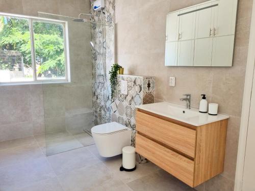 y baño con aseo, lavabo y ducha. en Studio Apartment Volterra Curacao, en Willemstad