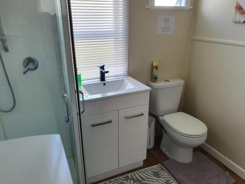 a small bathroom with a toilet and a sink at Stanmore Bay Beachfront Cottage in Whangaparaoa