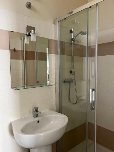 ein Bad mit einem Waschbecken und einer Glasdusche in der Unterkunft R&B Hotel in Alfonsine