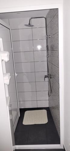 a shower with a glass door in a bathroom at Casa Violeta in Funchal