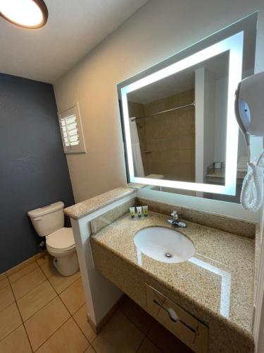 a bathroom with a sink and a mirror and a toilet at The Historic Brookdale Lodge, Santa Cruz Mountains in Brookdale