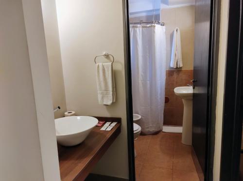 Urquiza Suites Salta في سالتا: حمام صغير مع حوض ومرحاض