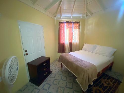 een slaapkamer met een bed en een raam met een ventilator bij Russell Heights Vacation Home in Kingston