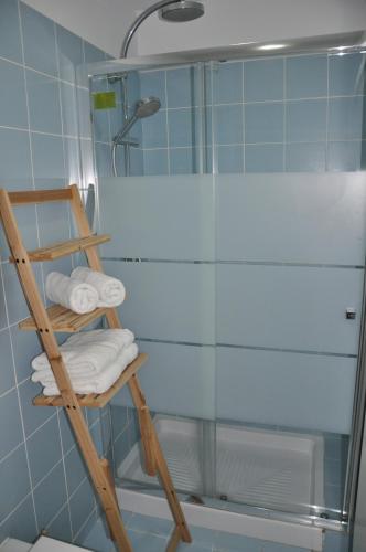 a towel ladder in a bathroom with a shower at Koka's Apartment in Porto