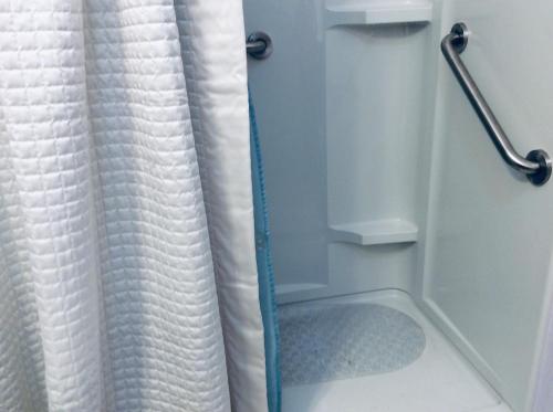 cortina de ducha con aseo en el baño en The Rose Inn, en Santee