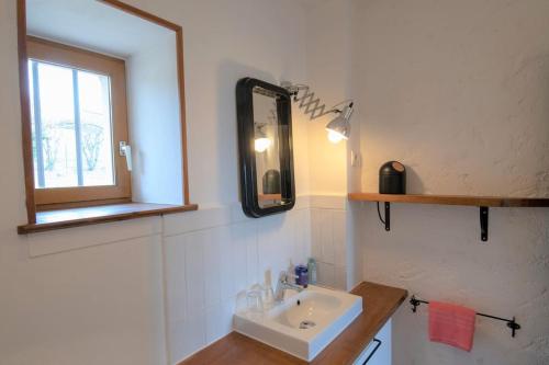 een badkamer met een wastafel, een spiegel en een raam bij Cabana & Oasis Nouvel'R - Au Calme in Cluny