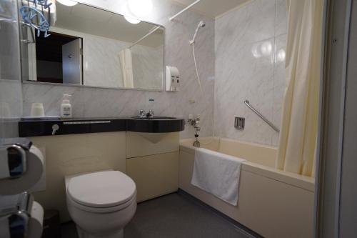 a bathroom with a toilet and a sink and a tub at Ryokan Katsutaro in Tokyo