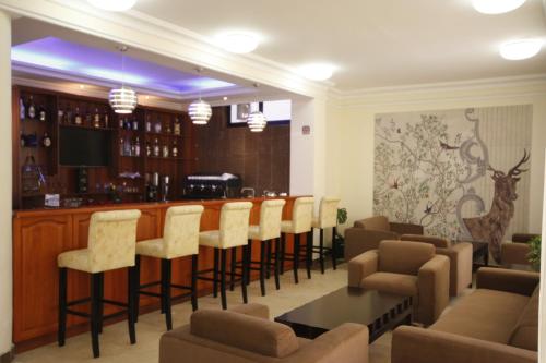 a bar in a restaurant with chairs and a counter at caravan Hotel Addis in Addis Ababa