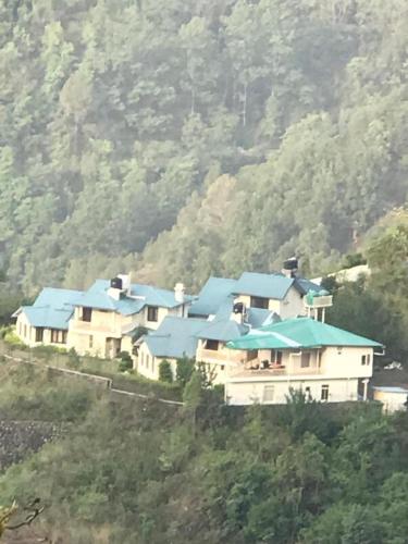 a group of houses with blue roofs on a hill at Karinya Villas in Nainital