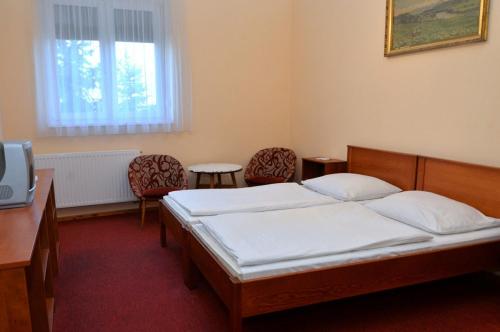 1 dormitorio con 1 cama con 2 sillas y escritorio en Belvárosi Vendégház en Mór