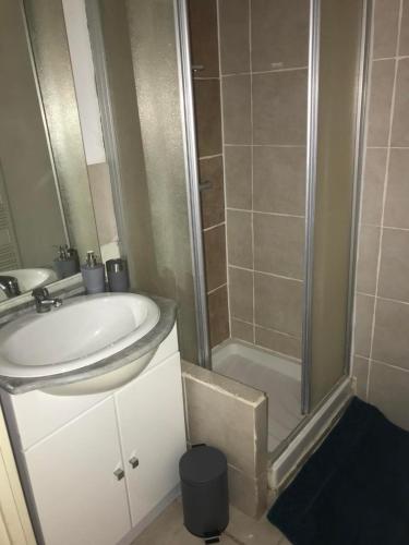 une salle de bain avec un lavabo et une douche dans l'établissement Appartement en front de mer avec parking privatif, à Fréjus