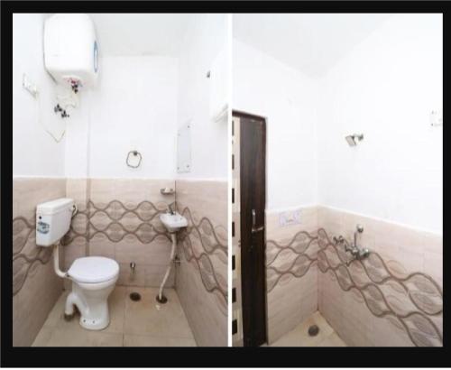 two pictures of a bathroom with a toilet and a sink at Ganga Guest House By WB Inn in Agra