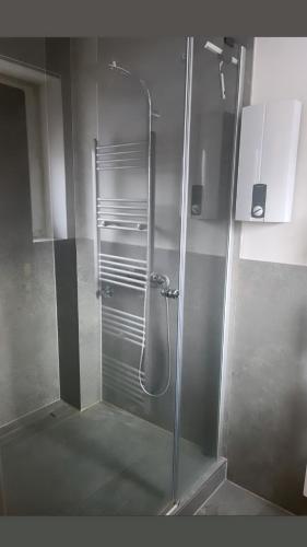 a shower in a bathroom with a glass door at Hotel / Gaststätte Jonen‘s Eck in Niederzier