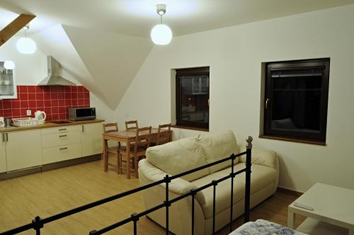 ein Wohnzimmer mit einem Sofa und einer Küche in der Unterkunft Apartmány pod lípou in Horní Heřmanice