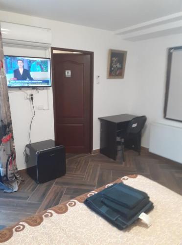 um quarto com uma cama, uma secretária e uma televisão em Nice Studio in Villa ELENA Ultracentral Pallas Mall em Iaşi