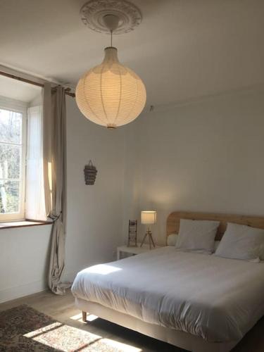 une chambre avec un lit, une lampe et une fenêtre dans l'établissement Grand appart 150m2 dans belle maison bourgeoise, à Vernaison