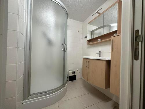 a bathroom with a shower and a sink at Vierbarke 73 in Nieuwpoort