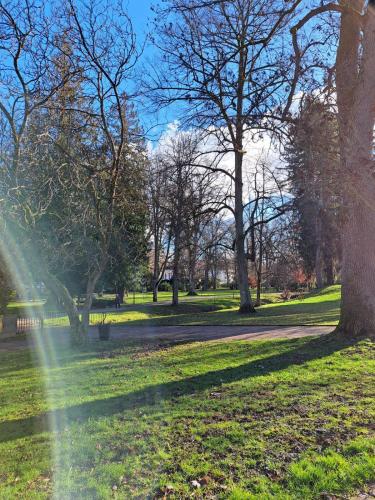 a park with green grass and trees and a rainbow at Ferienwohnung Haseltal in Bad Orb