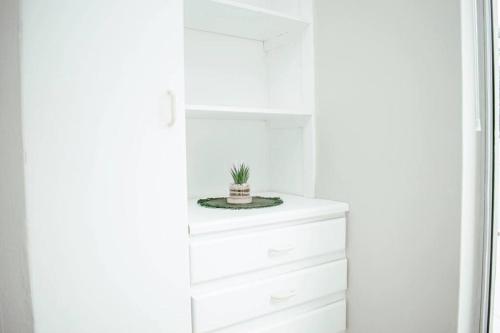 a white dresser with a potted plant on top of it at Private luxurious 3 bedroom complete house in Bloemfontein