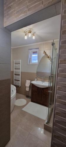ハイドゥソボスローにあるM&M Luxus Apartmanのバスルーム(シンク、シャワー、トイレ付)
