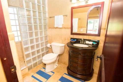 a bathroom with a toilet and a sink and a mirror at Oceanfront Coral View Home in West Bay