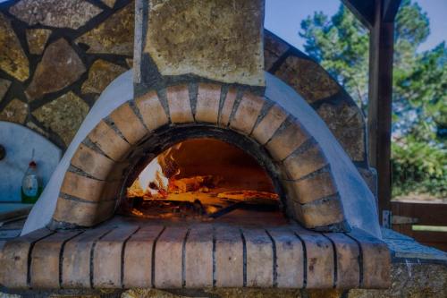 a brick oven with a fire in it at Christinas apartments in Ágios Matthaíos
