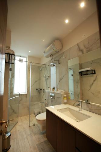 a bathroom with a sink and a shower and a toilet at Alpviram Villa, 4 Bhk En-suite villa with elevator in Kasauli
