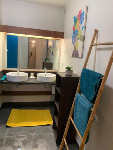 La salle de bains est pourvue de 2 lavabos et d'un miroir. dans l'établissement LEU FLAMBOYANT Appartement 2 pièces, à Saint-Leu