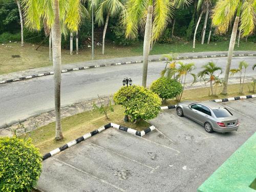 a car parked on the side of a road with palm trees at Homestay Legacy Kamariah Ahmad,Lumut in Lumut