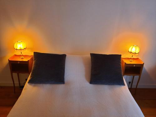 a bed with two lamps on top of it at Gîte du château au pied de Cognac in Cherves-de-Cognac