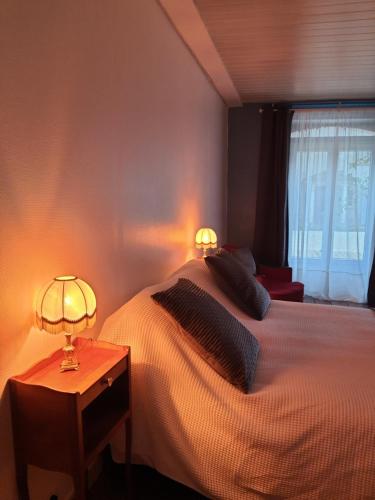 a bedroom with a bed with two lamps on it at Gîte du château au pied de Cognac in Cherves-de-Cognac