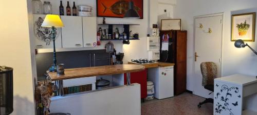 uma pequena cozinha com uma mesa e um frigorífico em Chaleureux studio indépendant em Encausse-les-Thermes