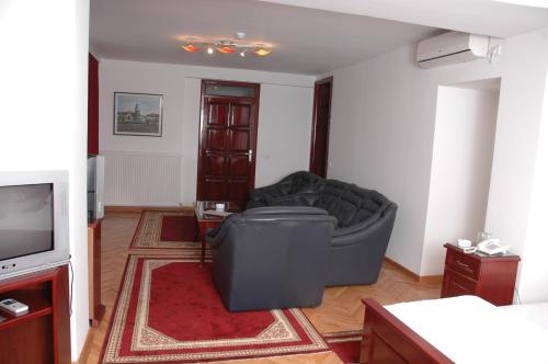 a living room with a couch and a television at Vila Lux Milikic in Kraljevo