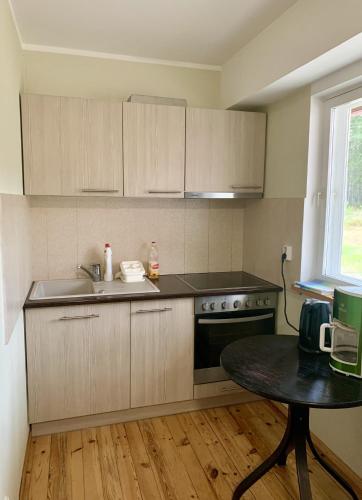 a kitchen with a sink and a stove and a table at Holiday Home Veskijõe in Vaisi
