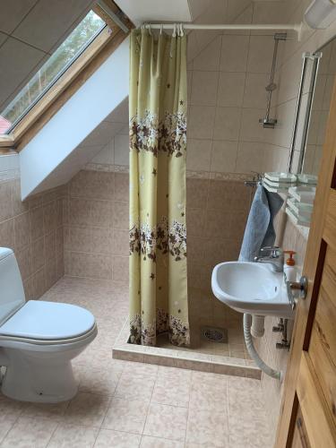 a bathroom with a toilet and a shower curtain at Holiday Home Veskijõe in Vaisi