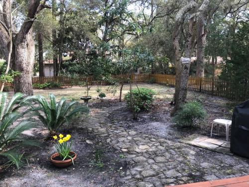 a garden with some plants and trees and a fence at AZALEA COTTAGE DUPLEX Duplex in Jekyll Island