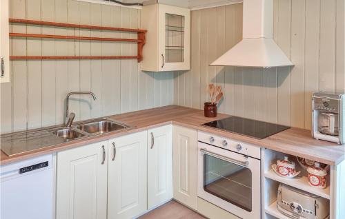 una cocina con armarios blancos y fregadero en Amazing Home In Hidrasund With Wifi, en Eide