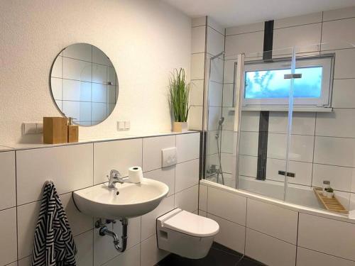 a bathroom with a sink and a toilet and a mirror at Ferienwohnung, Fischerbach im Kinzigtal in Fischerbach