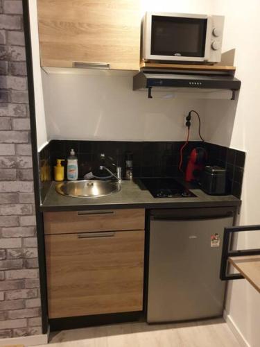 une petite cuisine avec un évier et un micro-ondes dans l'établissement STUDIO LE PETIT ATELIER - PROCHE GARE - WiFi, à Amiens