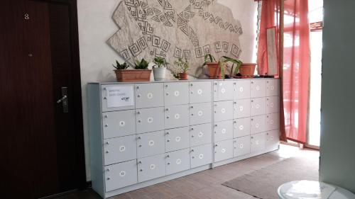 a white dresser with potted plants on top of it at Apple Hostel Bishkek in Bishkek