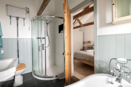 een badkamer met een douche, een toilet en een wastafel bij Lambriggan Court in Perranzabuloe